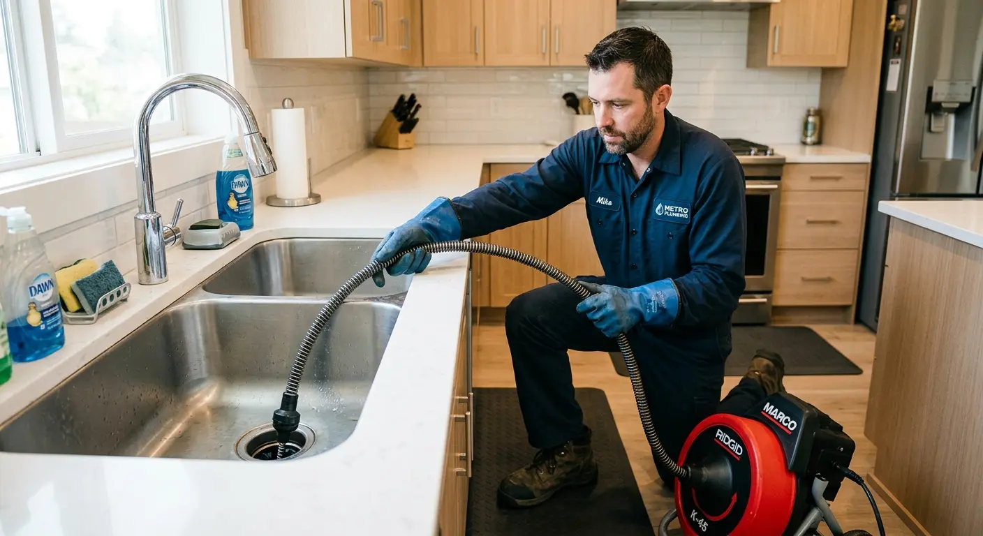 Drain cleaning technician using a motorized snake on a kitchen sink in Whitpain