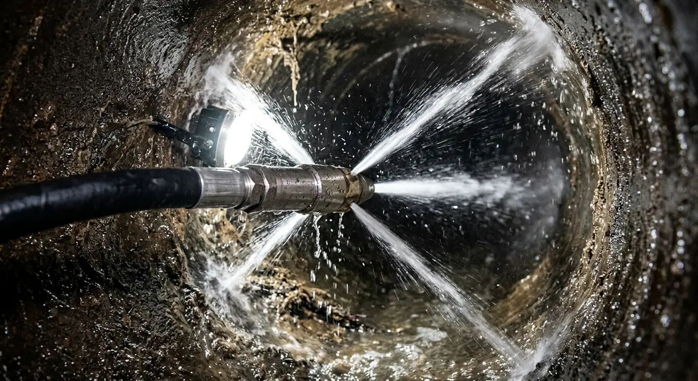 High-pressure hydro jetting nozzle cleaning sewer pipe for Sewer Line Relining in Whitpain