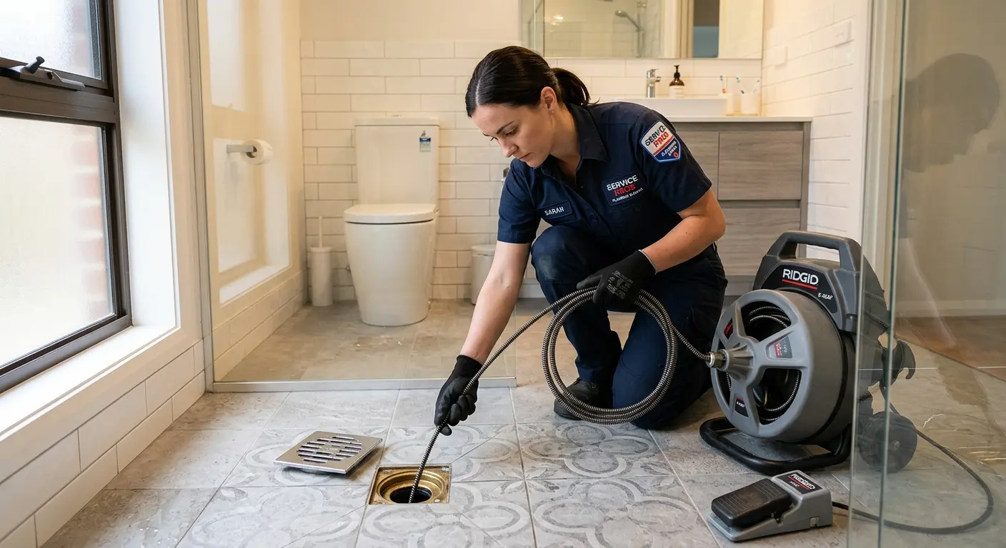 Technician clearing a bathroom floor drain for Sewer Line Installation in Whitpain